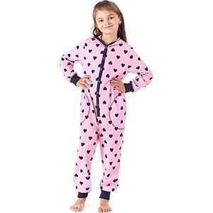 Merry Style Meisjes Onesie Slaapoverall met een Capuchon MS10-223 (Roze/Harten/Marineblauw, 110-116)