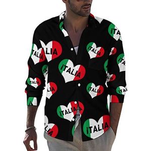I Love Italy Heart herenoverhemd met lange mouwen en knoopsluiting voor heren, casual strandtops met zak, normale pasvorm