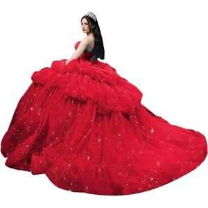 Fuomomo Strapless partyjurk in lagen, pof-tule feestjurken, Quinceanera-jurken met hartvormige hals en strass, MT036, Rood, 46/grote maten