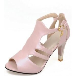 Dames zomer mode schoenen dames peep toe schoenen kunstleer hoge hakken gespen sandalen, roze, 40 EU