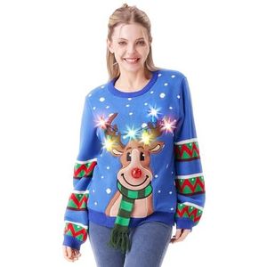JOYIN Kersttrui voor dames met ledlampjes en rendier, met geïntegreerde lampjes, rood, zwart, blauw, lange kersttrui (S-XL), S