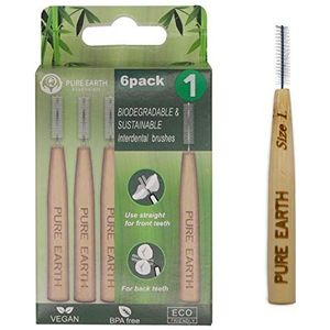 Pure Earth Essentials Bamboe interdentale borstels - biologisch afbreekbare interdentale borstel - organisch handvat met zachte haren voor diepe reiniging tussen tanden en tandvlees (6 stuks, maat 1,