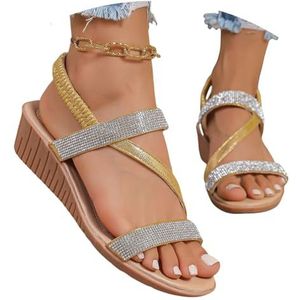 Glitter Sandalen Met Strass Steentjes Dames Zomer Elegante Sandalen Met Sleehak Rubber Riem Slingback Sandalen Comfortabele Zachte Zool Strand Schoenen Casual Boho Vakantie Sandalen,36-43(Gold,43 EU)
