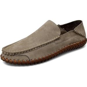 Comodish Men's Loafers Apron Toe Leather Round Toe Loafers Slip Resistant Flexible Anti-slip Prom Casual Slip-ons (Color : Khaki, Size : 42 EU)