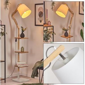 HOFSTEIN Vloerlamp Tukchor, staande lamp van hout/metaal/stof in natuur/wit, verstelbare lamp in boho-design met legplanken en schakelaar, 152,5 cm, E27, woonkamer, slaapkamer, eetkamer