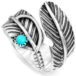 Veer turquoise ring, verstelbare turquoise veer ring, Vintage stijl legering open ring-zilveren brede natuur blad ring, duim ring voor vrouwen mannen
