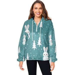 KAAVIYO Wit konijntje boom kunstfleece jas met zakken voor dames - oversized sweatshirt met capuchon, Patroon., L