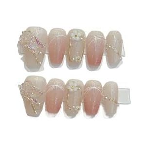 Handgemaakte acryl roze blush draagbare kunstnagels met lijm volledige dekking korte druk op nagels mooie meisjes nagelverbetering (Color : 4, Size : S)
