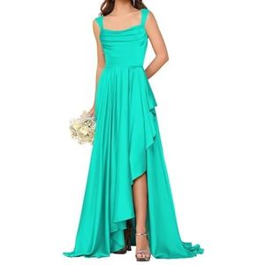 HPPEE Satijnen bruidsmeisjesjurken voor dames met split ruches vloerlengte korset mouwloze formele feestjurk, Turkoois, 50 grote maten
