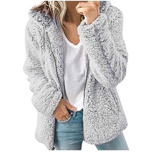 Kanpola Winterjas, pluchen jas, voor dames, jack, winterjack, teddy, warm, met capuchon en ritssluiting, hoody, met zakken, effen, casual, mantel, bovenkleding, grijs, L