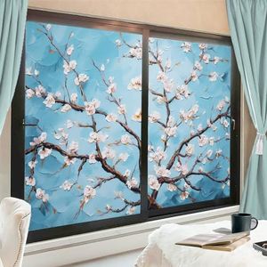 Aquarel abrikoos bloem raamfilm warmteblokkerende rustieke bloem blauwe achtergrond moderne privacy raamdecoratie glazen deurbekleding niet-klevende raamfilm voor badkamer 90 x 160 cm x 2 stuks
