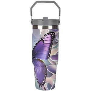 FHECVBN Grote capaciteit auto beker koffie beker mooie paarse vlinder kunst koffiemok flip stro beker roestvrij stalen beker geïsoleerde beker reizen mok 30oz