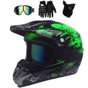 Motorcrosshelm, Motorcrosshelm Met Handschoenenmaskerbril, Crossmotorhelmen Voor Kinderen, Full Face Offroad-Crashhelm(Green,S(52-53cm))