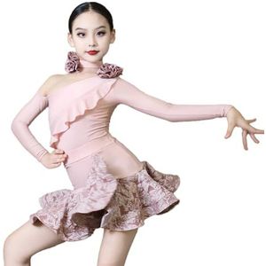 Omfpafeu Meisjes Latijns-Amerikaanse dansjurk met lange mouwen schuine kraag dansrok Rumba Tango Salsa Cha Cha-optreden wedstrijdkostuum,Roze,110