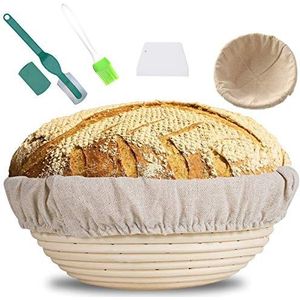 MUOIVG MOOING Rond rijsmandje, 25 cm Proof mand voor brood en deeg, de ideale gaarmand van natuurlijk riet, met linnen inzetstuk en deegschraper, Bread Lame + gratis borstel