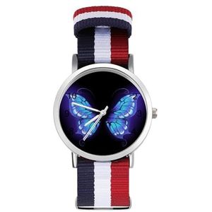 Paarse Vlindervleugels op Zwarte Unisex Nylon Horloge Verstelbare Horloges Casual Grote Gezicht Horloge Gemakkelijk te lezen