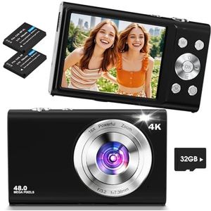Lecnippy Digitale camera, 4K autofocus, vlogging-camera met 32G 16X geheugenkaart, digitale zoom, 48MP compacte digitale camera voor beginners (zwart)