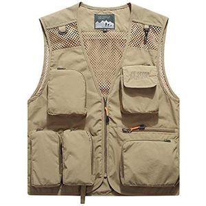Heren Vest, Casual Lichtgewicht Outdoor jas met meerdere zakken, Quick Dry Work Safari Fishing Photo Travel Summer Gilet Vest,Khaki,M