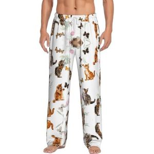 Kat vlinder heren lange lounge wear broek nachtkleding pyjama broek nachtkleding met zakken en trekkoord, Wit, S