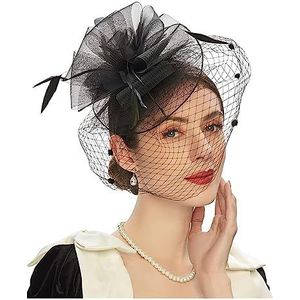 Accessoire Cheveux retro bruids hoofddeksels sluier bruiloft haaraccessoires bloem geruite mesh veer hoge hoed haarspeld fascinator (kleur: zwart, maat: 1)