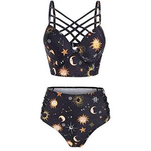 JHDESSLY Vrouwen 2 Stuk Badpak Zon Ster Maan Rooster Onderdraad Hoge Taille Tankini Badmode, Geel, L