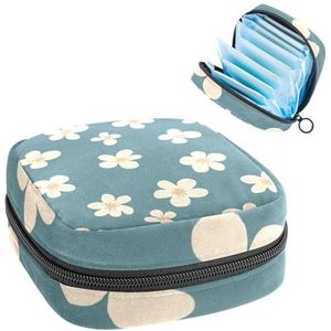 Draagbare maandverband Opbergtas, Menstruatie Cup Pouch Vrouwelijke Menstruatie Pads Tas voor Tiener Meisjes, Tampons Eerste Periode Kit, Kleine Crème Bloemen op Licht Groenblauwe Achtergrond
