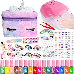 Lubibi Eenhoorn-nagellakset voor kinderen, eenvoudig en sneldrogende nagellak, set met haarspeld, nageldroger, nagelstickers, valse nagels, nagellakset voor kinderen, meisjes, cadeauset