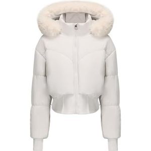 HGKPFGTG Dames Cropped Winterjas Met Capuchon Van Imitatiebont Lange Mouwen Slanke Pasvorm Opstaande Kraag En Korte Jassen,White gray,L