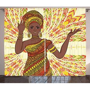 ABAKUHAUS Afrikaanse Gordijnen, Dansende Vrouw, Woonkamer Slaapkamer Raamgordijnen 2-delige set, 280 x 225 cm, Groen Rood Geel