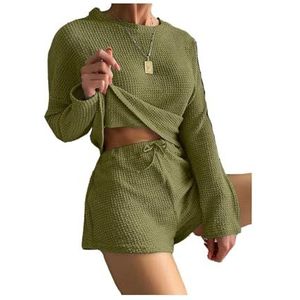 Vrouwen Lounge 2-delige effen gebreide wafel pyjamaset met lange mouwen trui top en bijpassende shorts(Green,L)