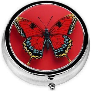 Pillendoosje met spiegel, retro pillendoos met 3 vakken, vlinder op rode achtergrond, kleine pillenorganizer voor portemonnee of zak, decoratieve metalen medicijnen, vitamine-organizer, unieke
