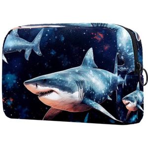 Starry Shark Canvas Make-uptas voor vrouwen en meisjes, reistoiletten, cosmeticatas, organizer met rits, Veelkleurig #03, 18.5x7.5x13cm/7.3x3x5.1in, Modieus