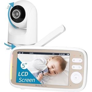 Zawaer babyfoon, babyfoon met camera 5'' 720P HD, video babyfoon camera en audio babyfoon met Vox functie, PTZ 330°/135°, 3×zoom, 2,4 GHz intercomfunctie, nachtzicht, temperatuurbewaking