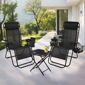 ML-Design 3-delige ligstoelenset opvouwbaar, tuinligstoelenset met tafel, zwart, ligstoel met verstelbare hoofdsteun & rugleuning, weerbestendig/buiten, relax ligstoel tuinstoel met bekerhouder