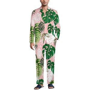 Roze Palm Bladeren Mannen Pyjama Set Tweedelige Button Down Nachtkleding Lange Mouw Top En Broek Loungewear