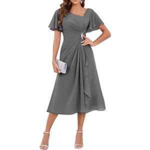 WSEYU Chiffon moeder van de bruid jurken asymmetrische thee lengte moeder van de bruidegom jurken voor bruiloft, Grijs, 34