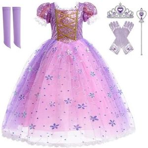Prinses Rapunzel Kostuum Tangled Pailletten Jurk voor Kind Meisje Halloween Kerst Carnaval (130, Dress Set)