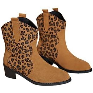 Enkellaarsjes Dames Suède Korte Laarzen Luipaardprint Instapschoenen Blokhak Enkellaarsjes Western Cowboylaarzen(Brown,43 EU)