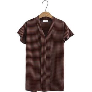 SDFGH T-stukken Mouwen Dieptepunt Tops Oversized Curve Kleding maten Basis T-shirt Dames Gestreepte V-hals (Color : Brown, Size : 4Large)