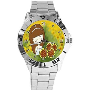 Zonnebloem Cartoon Meisje Mode Vrouwen Horloges Sport Horloge Voor Mannen Casual Rvs Band Analoge Quartz Horloge, Zilver, armband