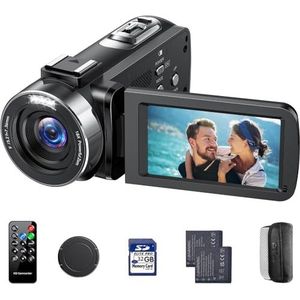 Camcorder videocamera 4K 42MP vlogging camera voor YouTube, 3 inch 270° draaibaar display digitale zoom 18X camcorder videocamera, vlogcamera met 32 GB kaart, afstandsbediening, 2 batterijen