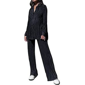 Vrouwen Casual Geplooide 2 Stuk Outfits Revers Button Down Losse Fit Lange Mouwen Top en Wijde Pijpen Lange Broek Lounge Set (Color : Black, Size : S)
