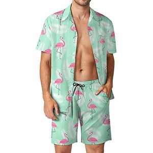 Kleurrijke Roze Flamingo Mannen Hawaiiaanse Bijpassende Set 2 Stuk Outfits Button Down Shirts En Shorts Voor Strand Vakantie