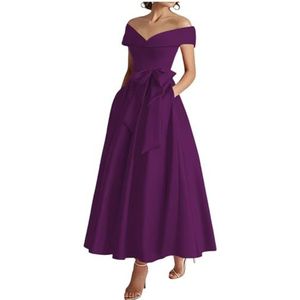 WSEYU Off Shoulder Moeder van De Bruid Bruidegom Jurken Satijn Boog Formele Avond Grootmoeder Jurken Thee Lengte ZM289, Moerbei, 34