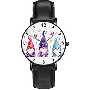 Leuke Kerst Gnome Scandinavische met Sterren Klassieke Patroon Horloges Persoonlijkheid Business Casual Horloges Mannen Vrouwen Quartz Analoge Horloges, Zwart