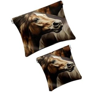 2Pcs Shrapnel Bag Set Draagbare Pocket Cosmetische Tas voor Vrouwen Meisjes, Mooi Paard, Meerkleurig, A：7.1x5.8in/18x14.8cm，B:4.7x4.5in/12x11.5cm, Toilettas