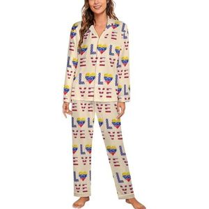 USA Venezuela Vlag Hart Vrouwen Lange Mouw Button Down Nachtkleding Zachte Nachtkleding Lounge Pyjama Set S