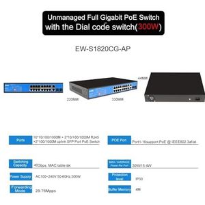 Volledige Gigabit POE-netwerk Ethernet-switch, 6, 10, 11, 18, 20, 27 poorten, 1000 Mbps(EW-S1820CG-AP)