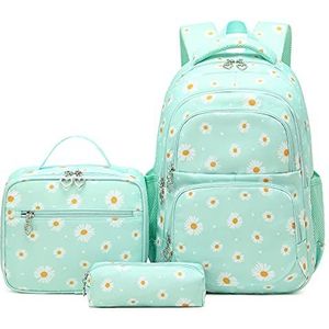 Schoolrugzak voor meisjes en tieners, vintage rugzakset met bloemen, schooltas, laptop-schooltassen voor dames, voor school en reizen met lunchtas en etui, Eén maat