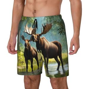 Yyoretp Heren herten beer eland print Hawaiiaanse zwembroek sneldrogende strandshorts met mesh voering en zakken, Zwart, M
